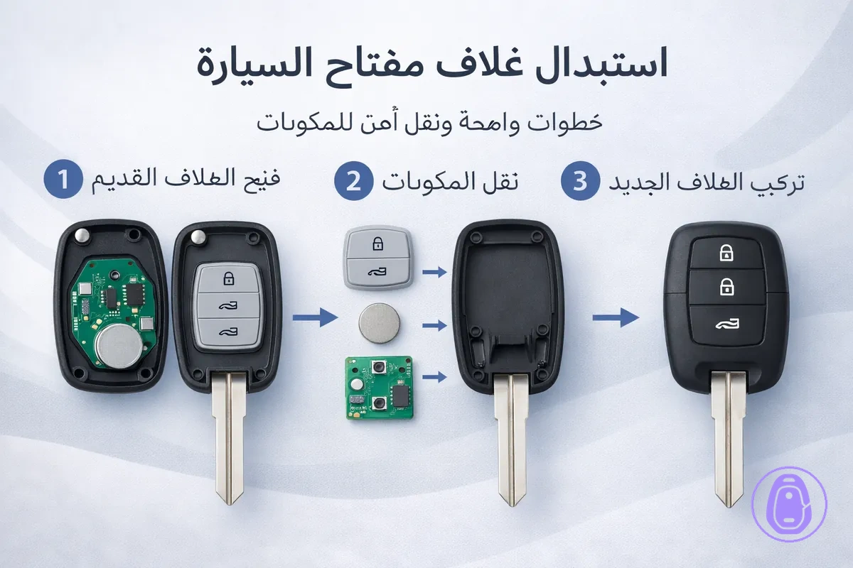 رسمة خطوة بخطوة لاستبدال غلاف مفتاح السيارة وإعادة تركيبه بشكل صحيح بعد نقل المكونات.