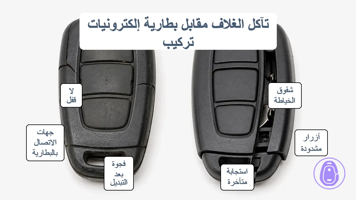 مقارنة بصرية بين شقوق غلاف مفتاح السيارة المتآكل واختلال محاذاة غلاف غير مناسب