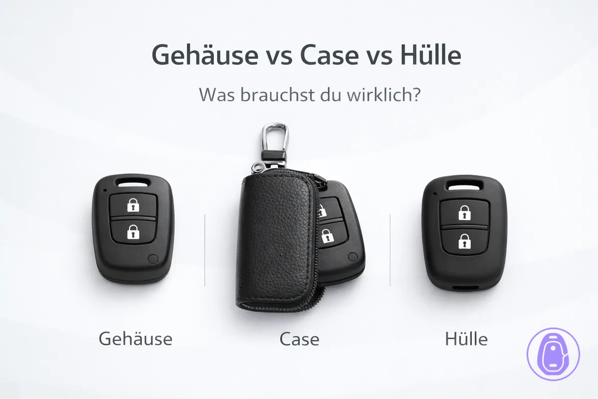 Illustration im Vergleich: Autoschlüsselgehäuse, Schlüsselcase und Schlüsselhülle – wie sie sitzen und schützen.