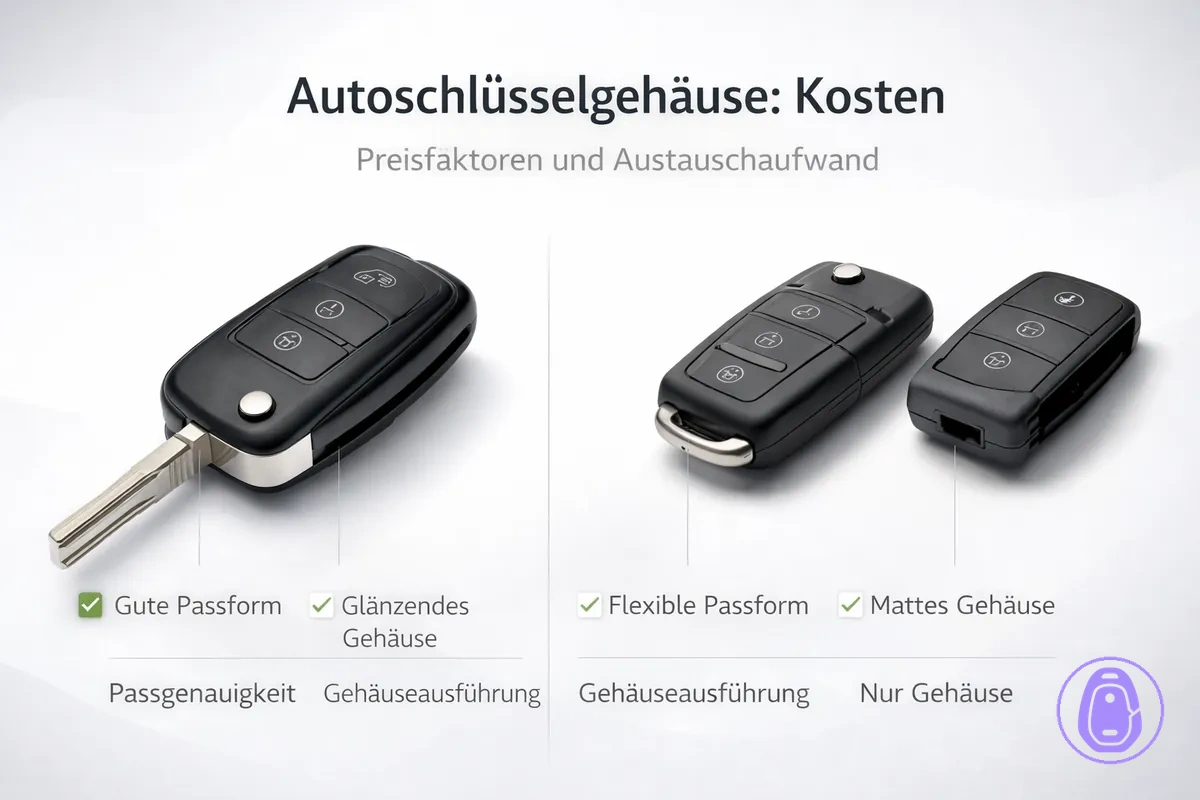 Kostenvergleich-Illustration für Autoschlüsselgehäuse mit Wertfaktoren wie Passgenauigkeit und Haltbarkeit.
