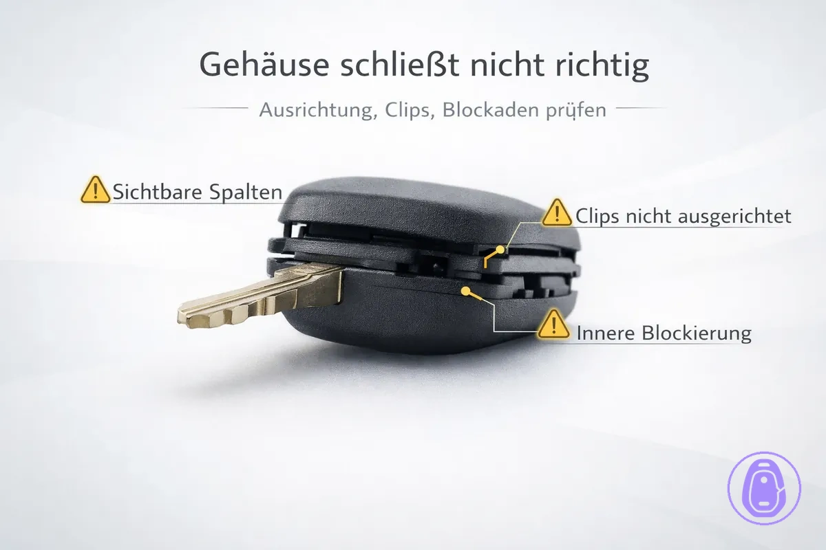 Illustration eines Autoschlüsselgehäuses, das nicht schließt – mit Spalten, Clips und Fehlstellen in der Ausrichtung.