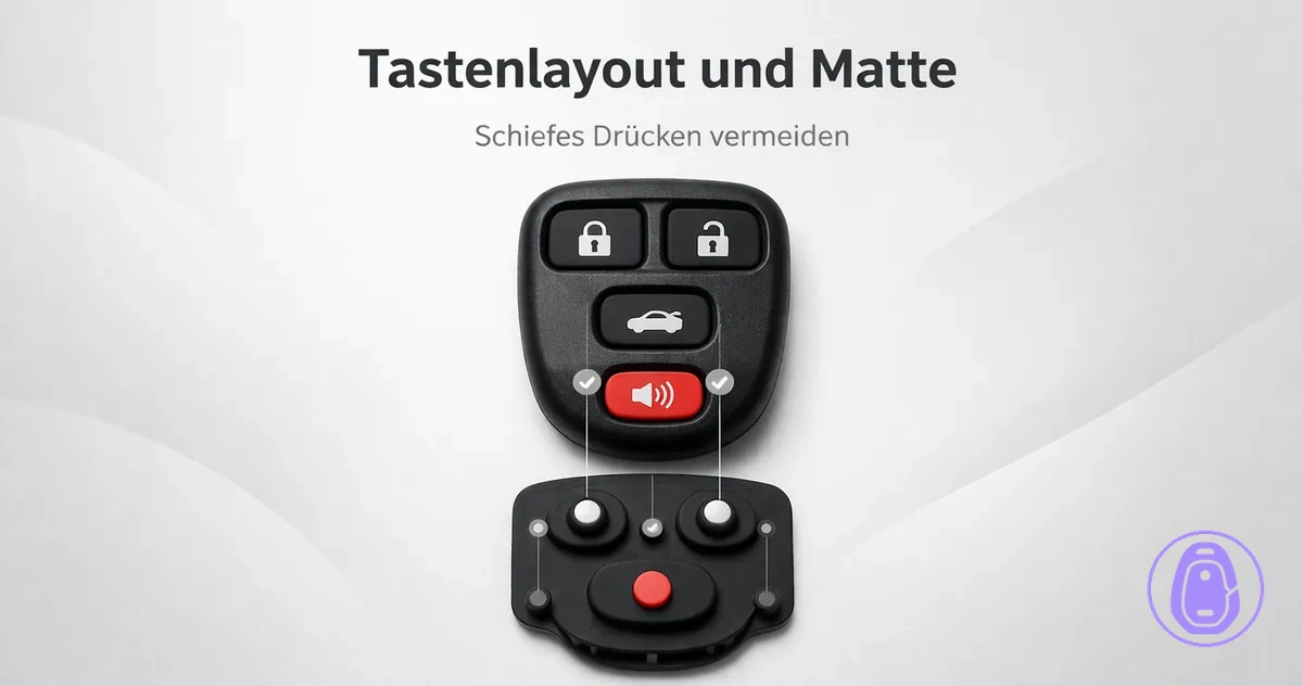 Draufsicht-Illustration: Tastenlayout im Autoschlüsselgehäuse mit passender Tastenmatte darunter.