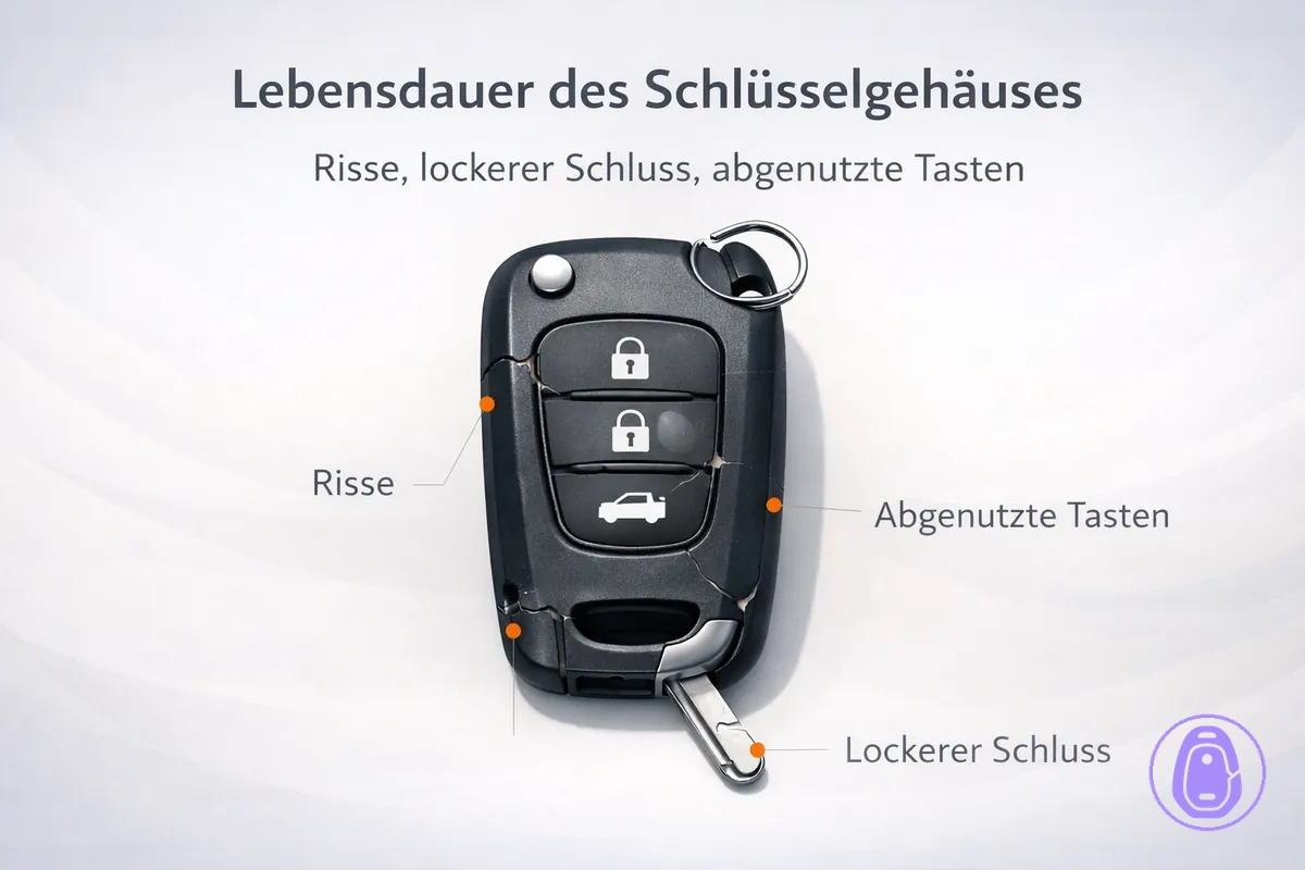 Illustration mit Verschleiß-Anzeichen am Autoschlüsselgehäuse wie Risse, lockeres Schließen und abgenutzte Tasten.