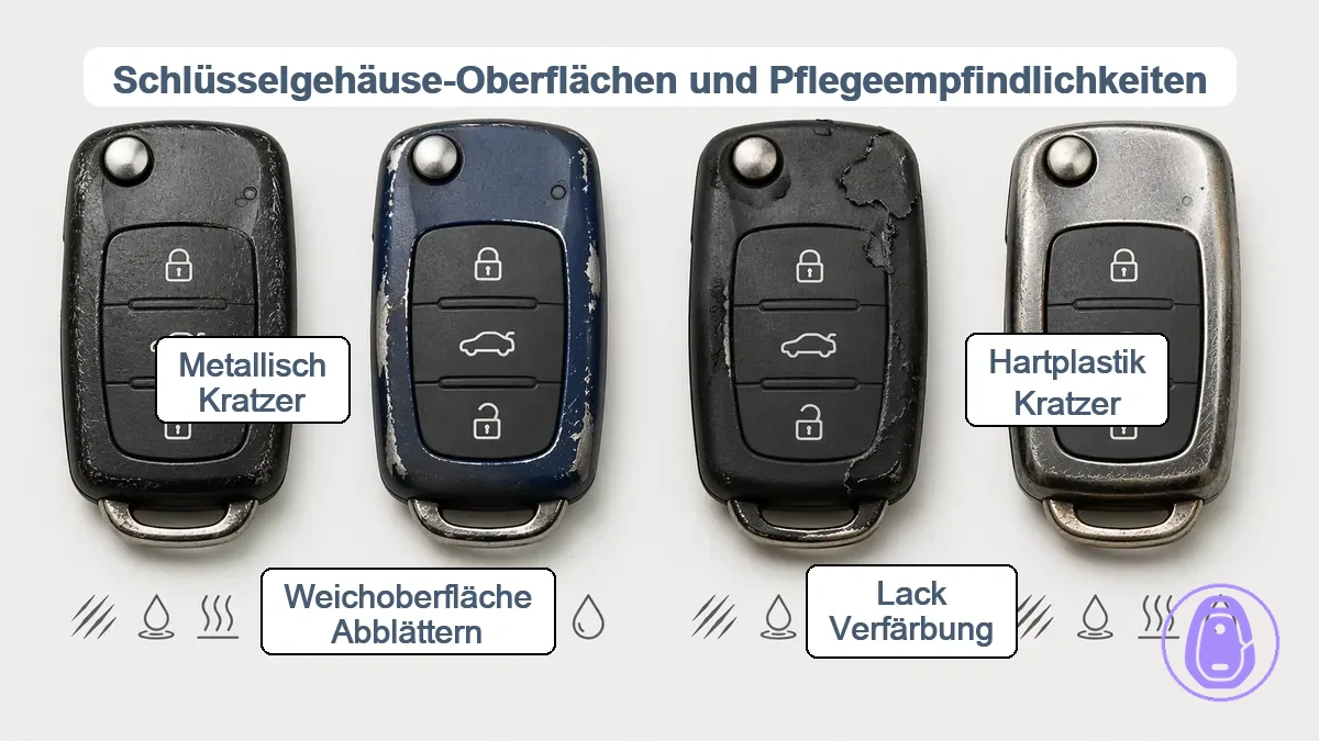Vergleichsgrafik, die Schlüsselanhänger-Gehäuseoberflächen und deren Empfindlichkeiten zeigt