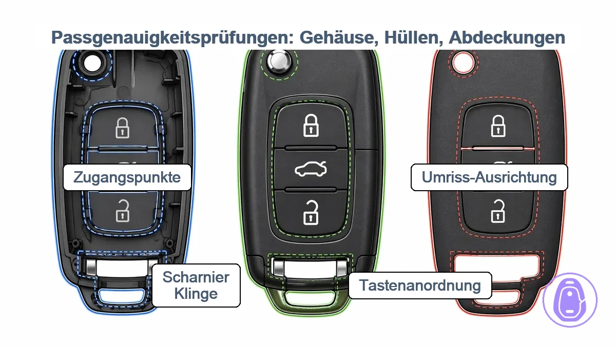 Angepasstes Diagramm mit Schlüsselgehäuseumriss, Tastenlayout und Scharnier-/Klingenbereich als Hauptpassprüfpunkte.