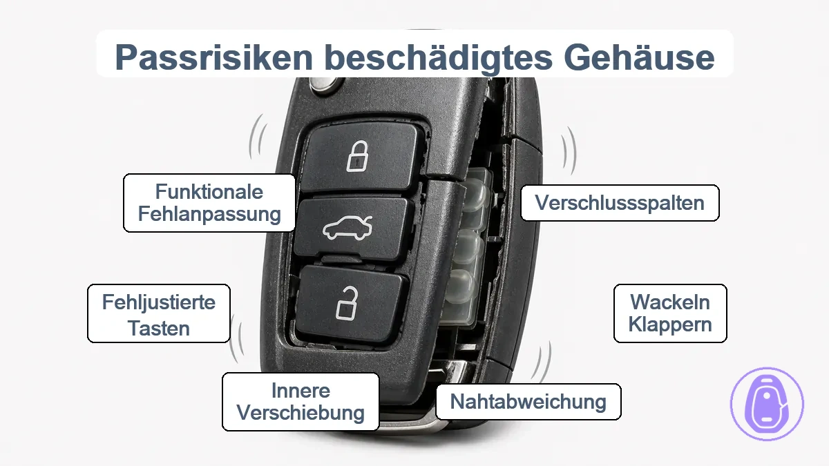 Beschädigtes Autoschlüsselgehäuse mit Passformrisiken wie Lücken, Wackeln und Nahtfehlanpassung