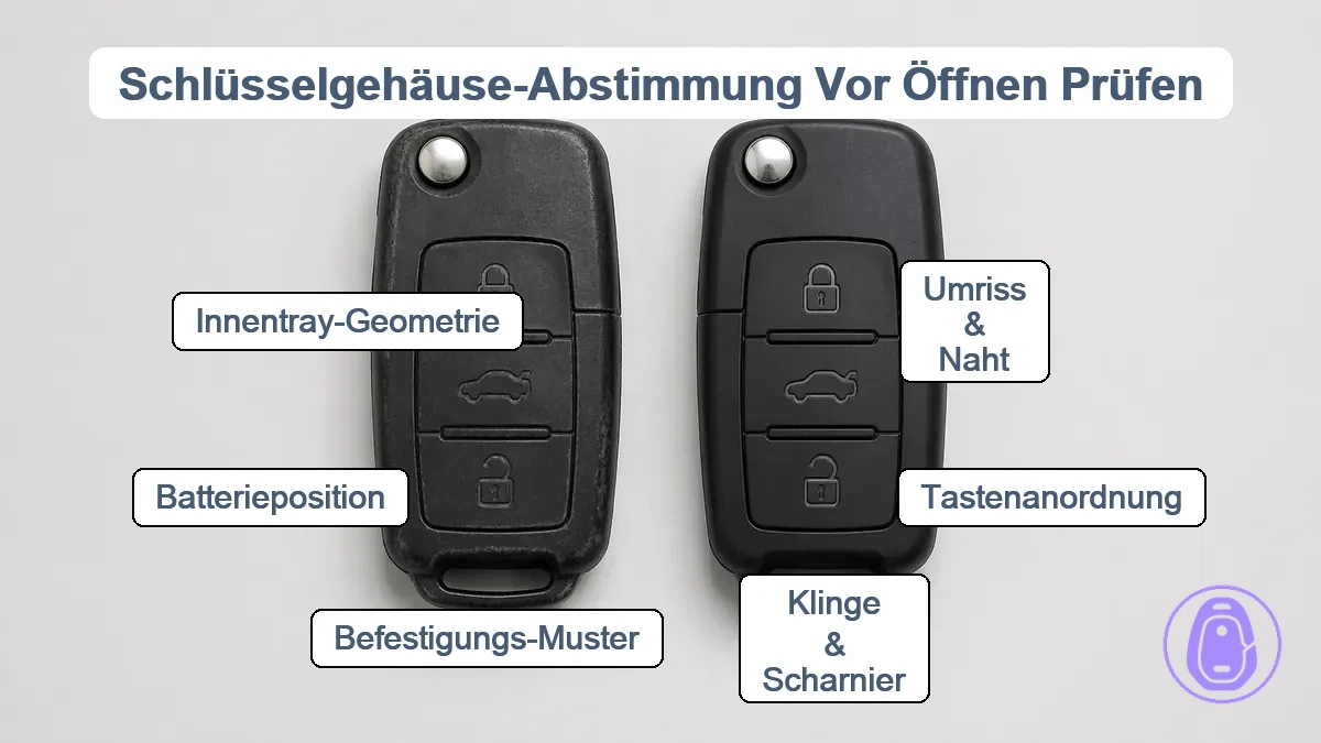 Visueller Vergleich von Autoschlüsselgehäuse-Kontur, Naht, Tasten, Klingelbereich und innerem Layout zur Passformbestätigung.