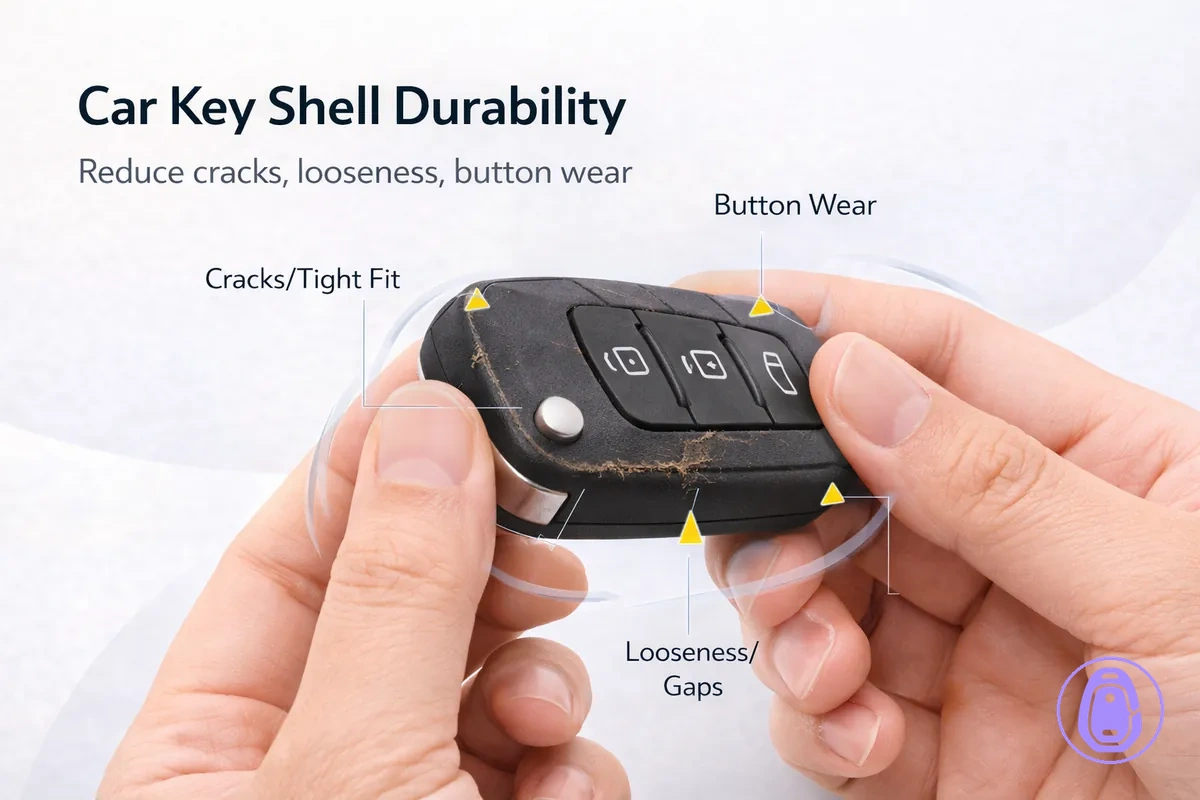 Illustration showing wear points on a Car key shell and how protective handling reduces damage.
