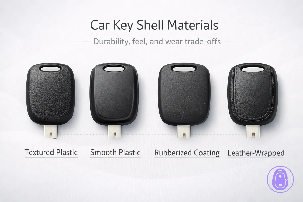 Close-up illustration comparing Car key shell materials and surface finishes for grip and wear.