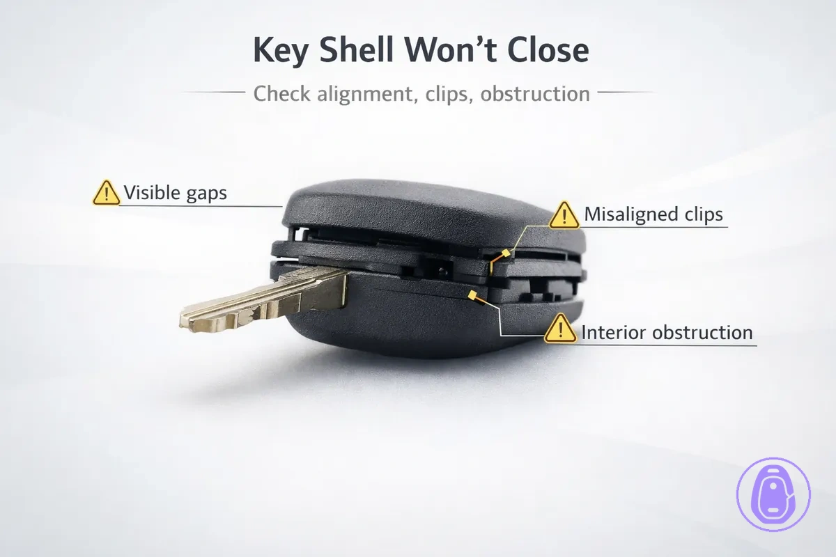 Illustration of a Car key shell that won’t close, showing gaps, clips, and misalignment points.