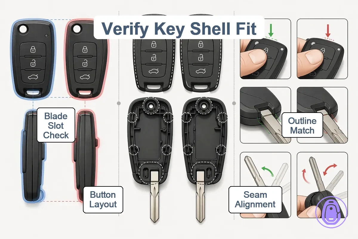 Step-by-step verification cues for car key shell fit from photos to physical checks.