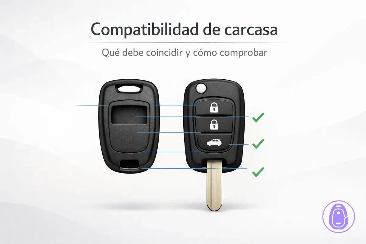 Ilustración de comprobación de ajuste para compatibilidad de carcasa de llave del coche: forma, distribución de botones y alineación de la zona de la hoja.