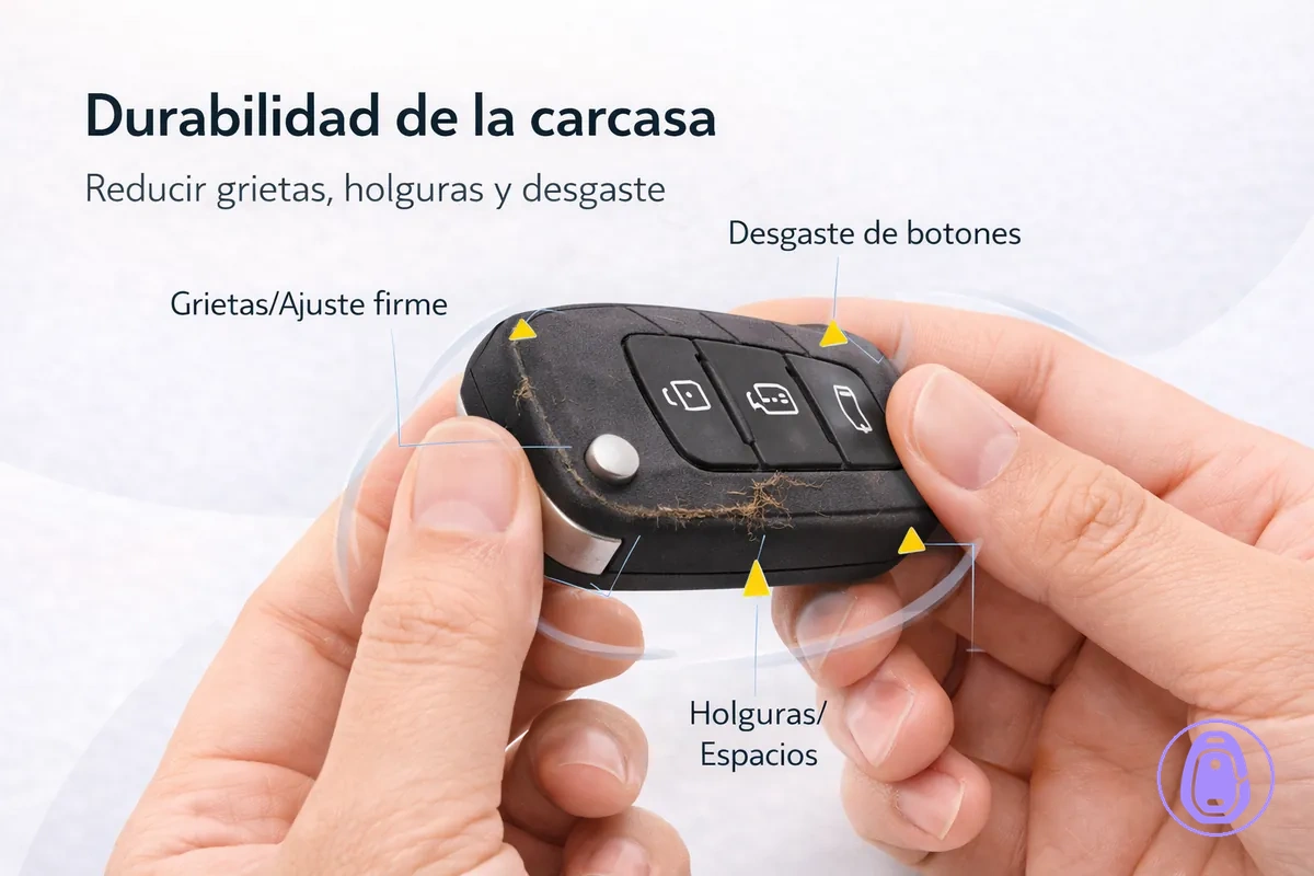 Ilustración de puntos de desgaste y cómo un uso protector reduce daños en la carcasa de llave del coche.