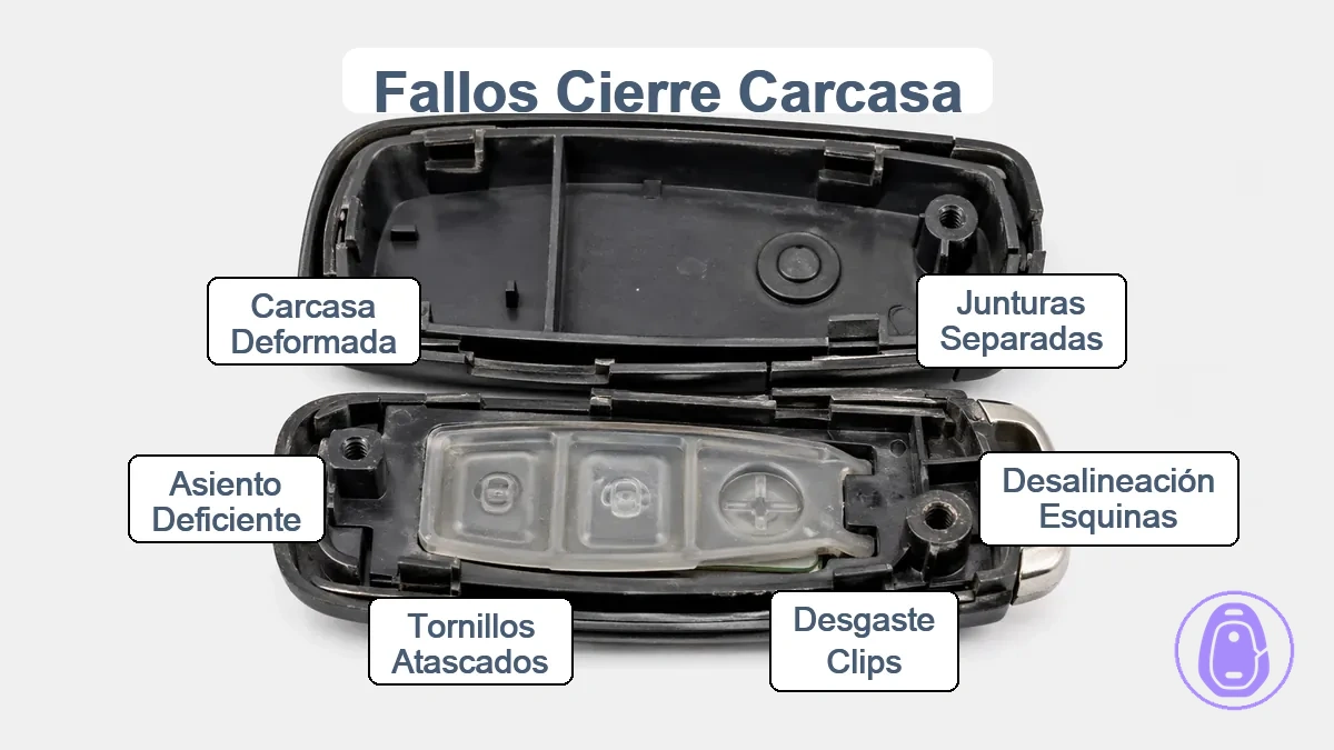 Diagrama anotado de la junta de la carcasa de la llave del coche que muestra áreas de holgura, clips y puntos de tornillos que afectan el cierre.