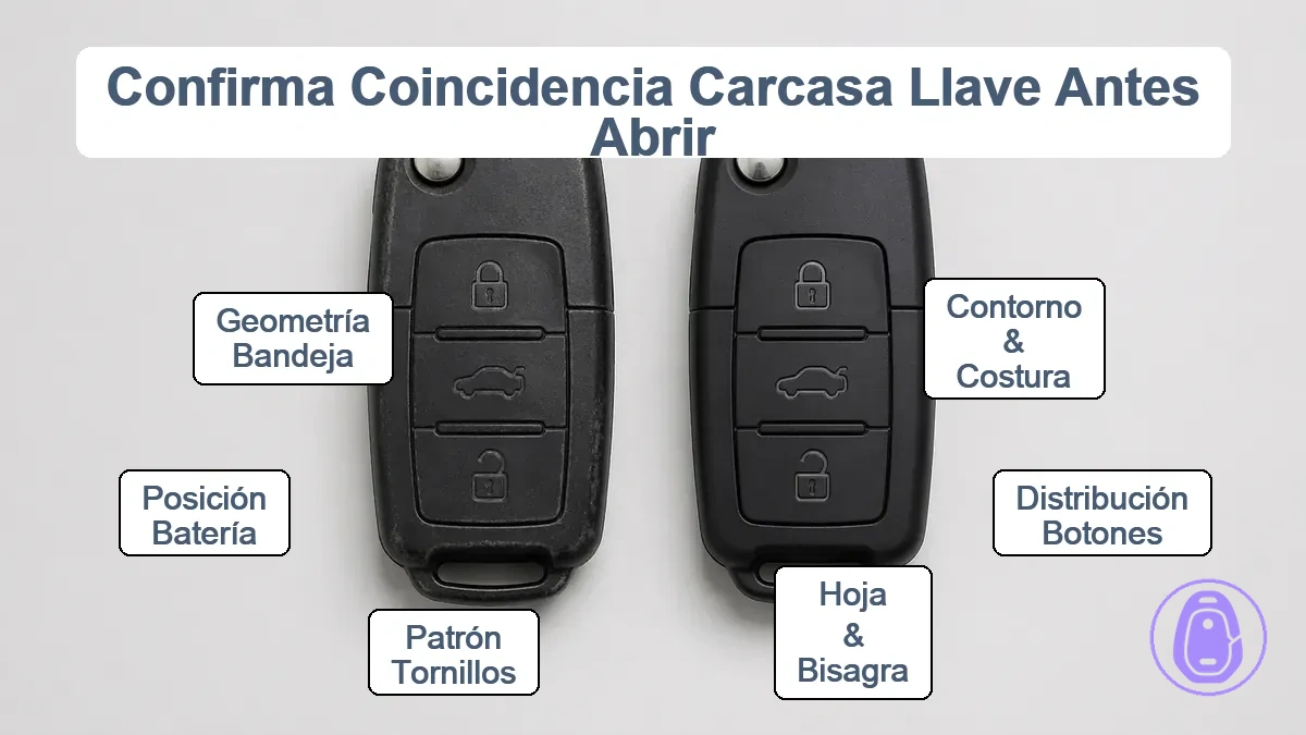 Comparación visual del contorno de carcasa de llave del coche, junta, botones, área de hoja e interior para confirmar coincidencia.