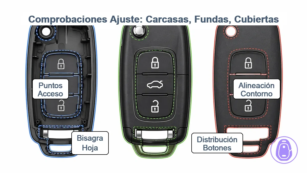 Diagrama anotado que muestra contorno de llavero, diseño de botones y área de bisagra/hoja como principales puntos de control de ajuste.