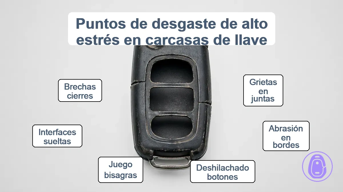 Carcasa de llave del coche anotada que resalta costuras, bisagras y puntos de desgaste de botones.
