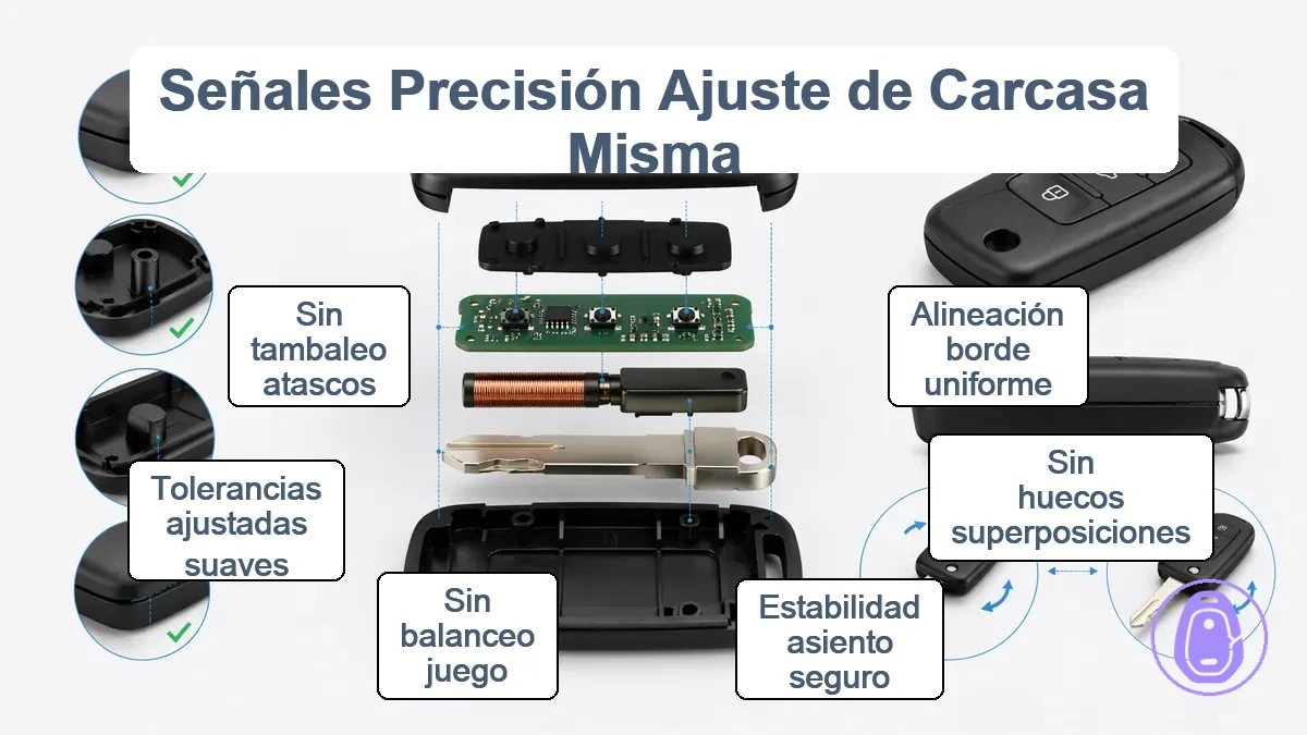 Señales de verificación de precisión de ajuste de carcasa de llave del coche como alineación y estabilidad de asiento