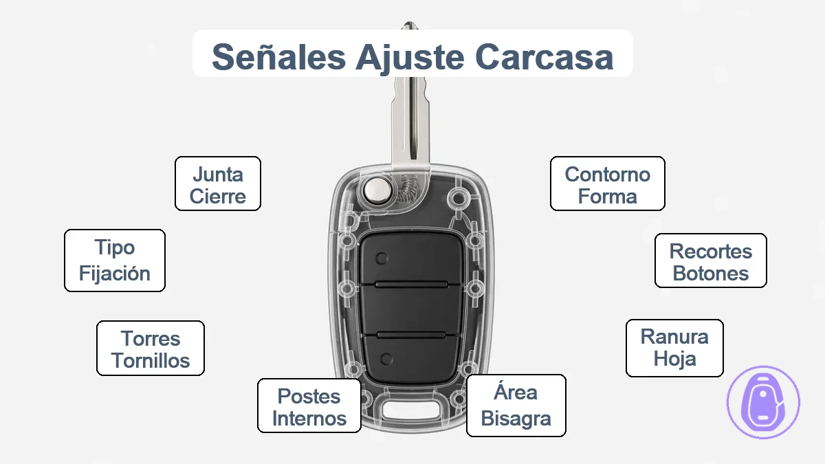 Diagrama anotado que muestra superposición de contorno de carcasa de llave con alineación de ventana de botones, área de hoja/bisagra y ubicaciones de postes internos etiquetados genéricamente.