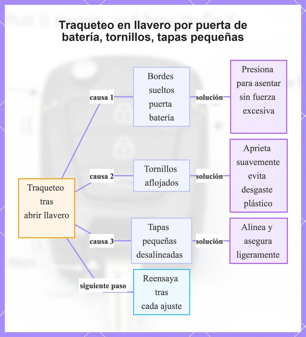Traqueteo en llavero por puerta de batería, tornillos, tapas pequeñas