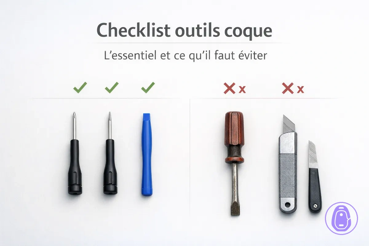 Outils pour remplacer une coque de clé de voiture : petits tournevis et outils d’ouverture.