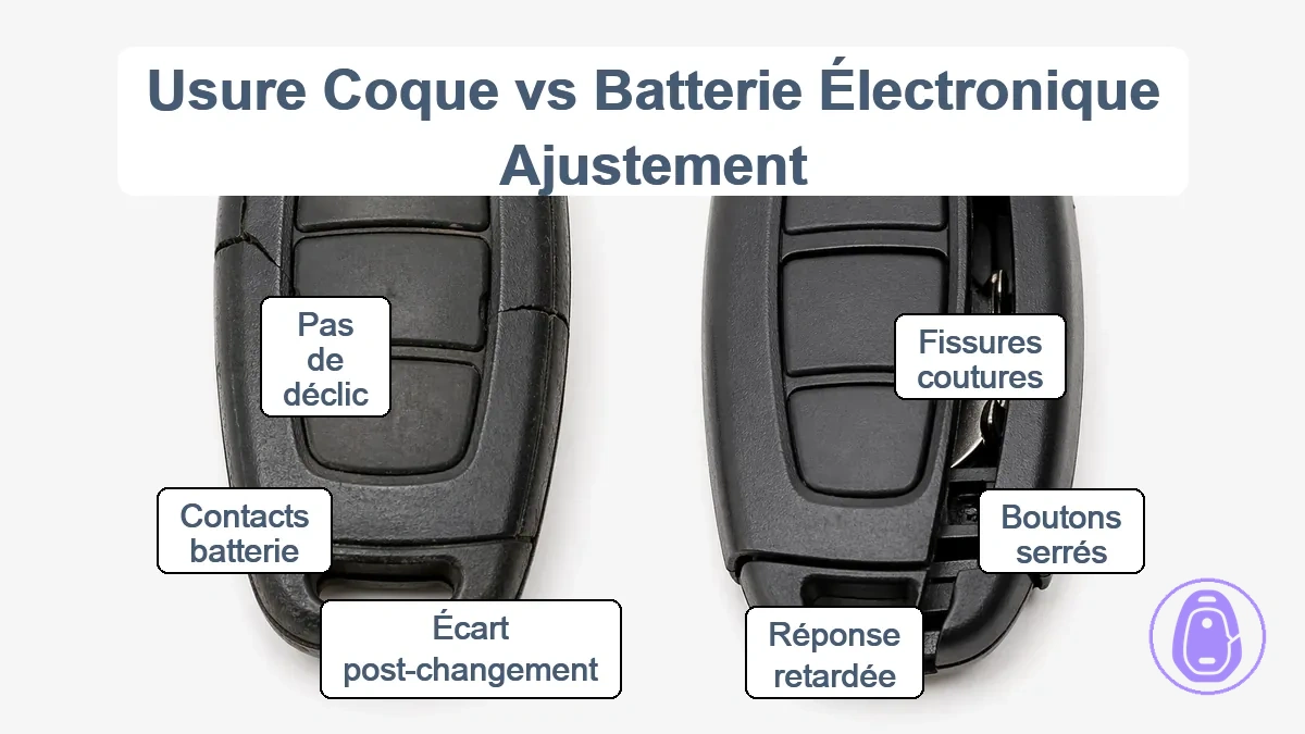 Contraste visuel entre fissures d’usure de coque de clé de voiture et désalignement de boîtier mal adapté