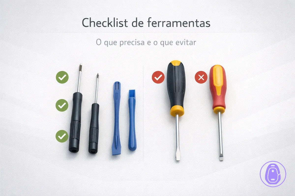 Ferramentas separadas para trocar a carcaça da chave do carro, incluindo chaves pequenas e espátulas de abertura.