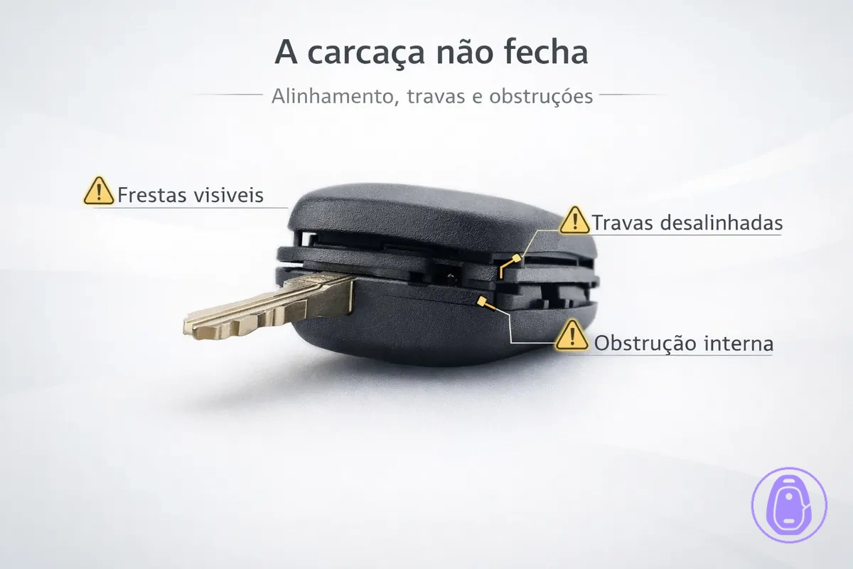 Ilustração de uma carcaça da chave do carro que não fecha, mostrando frestas, travas e pontos de desalinhamento.