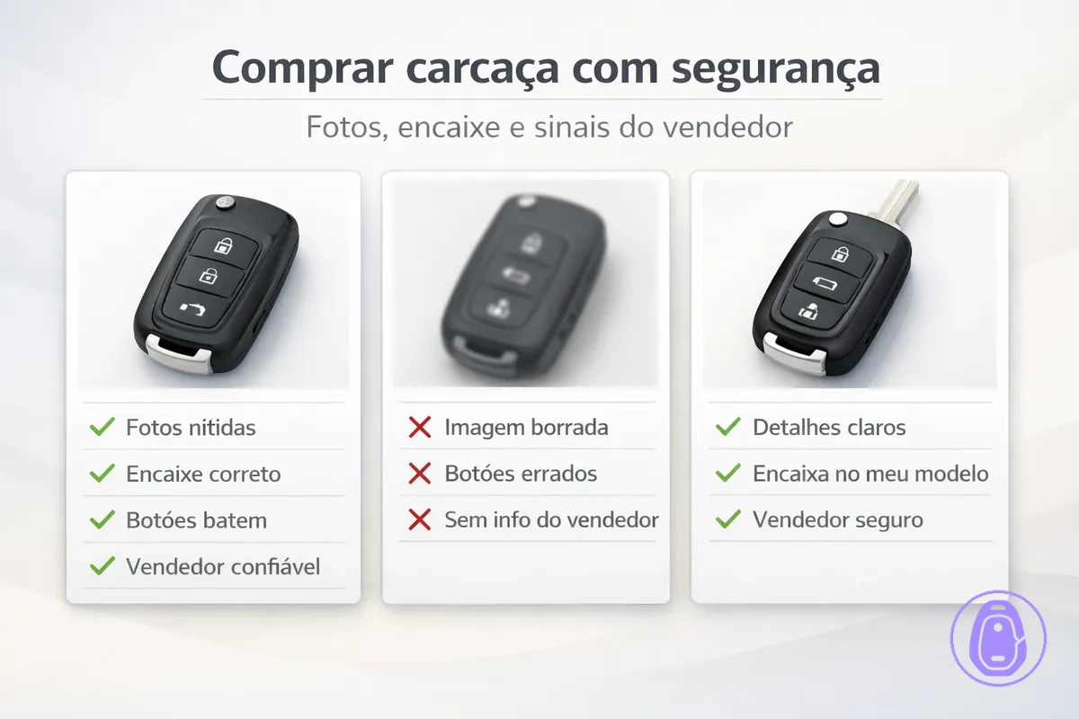 Ilustração de checklist para avaliar um anúncio e comprar a carcaça da chave do carro certa com base em fotos e detalhes de encaixe.