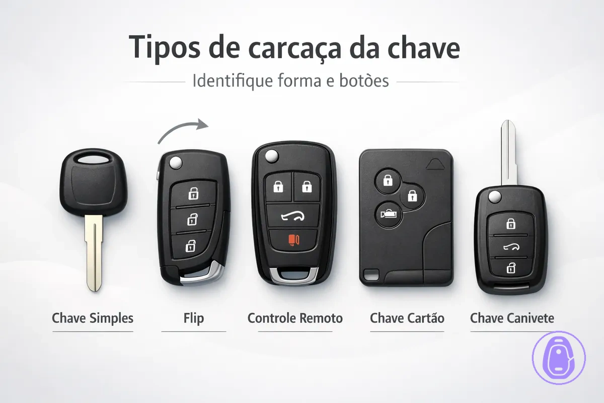 Ilustração mostrando diferentes formatos de carcaça da chave do carro pelo desenho e pelo layout dos botões.