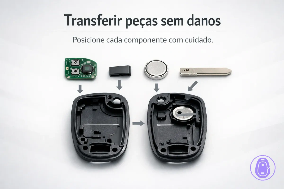 Ilustração da carcaça da chave do carro aberta mostrando onde as peças internas ficam durante uma transferência cuidadosa.