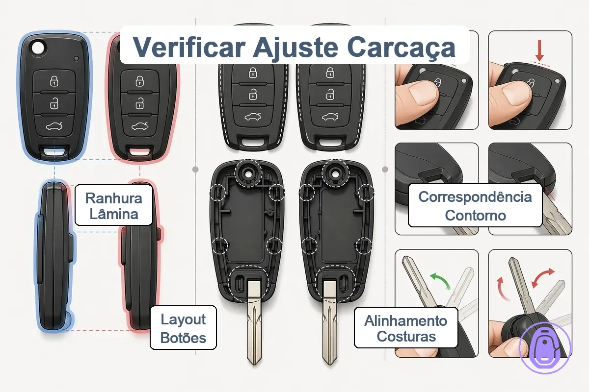 Sinais de verificação passo a passo para encaixe da carcaça da chave do carro de fotos a testes físicos.