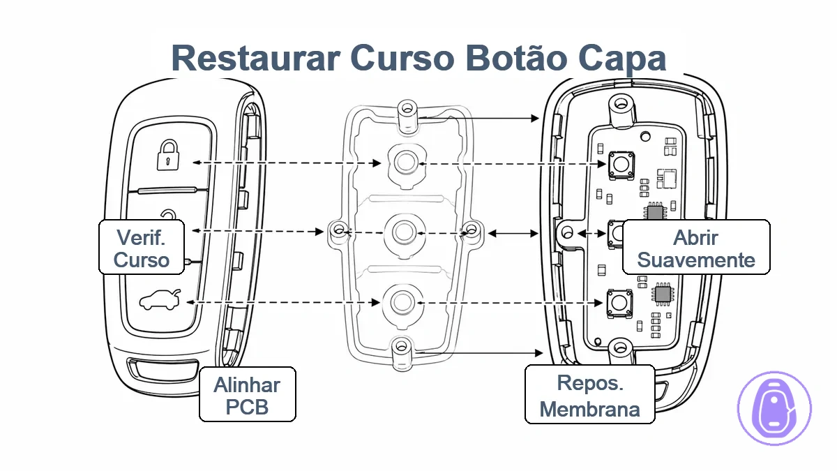 Diagrama simplificado de alinhamento mostrando metades da carcaça da chave do carro, membrana de borracha, PCB e pinos de alinhamento com setas indicando assentamento correto e caminho do curso do botão.