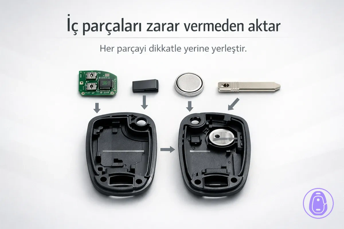Dikkatli bir aktarım sırasında iç parçaların nereye oturduğunu göstermek için açılmış araba anahtarı kabı illüstrasyonu.