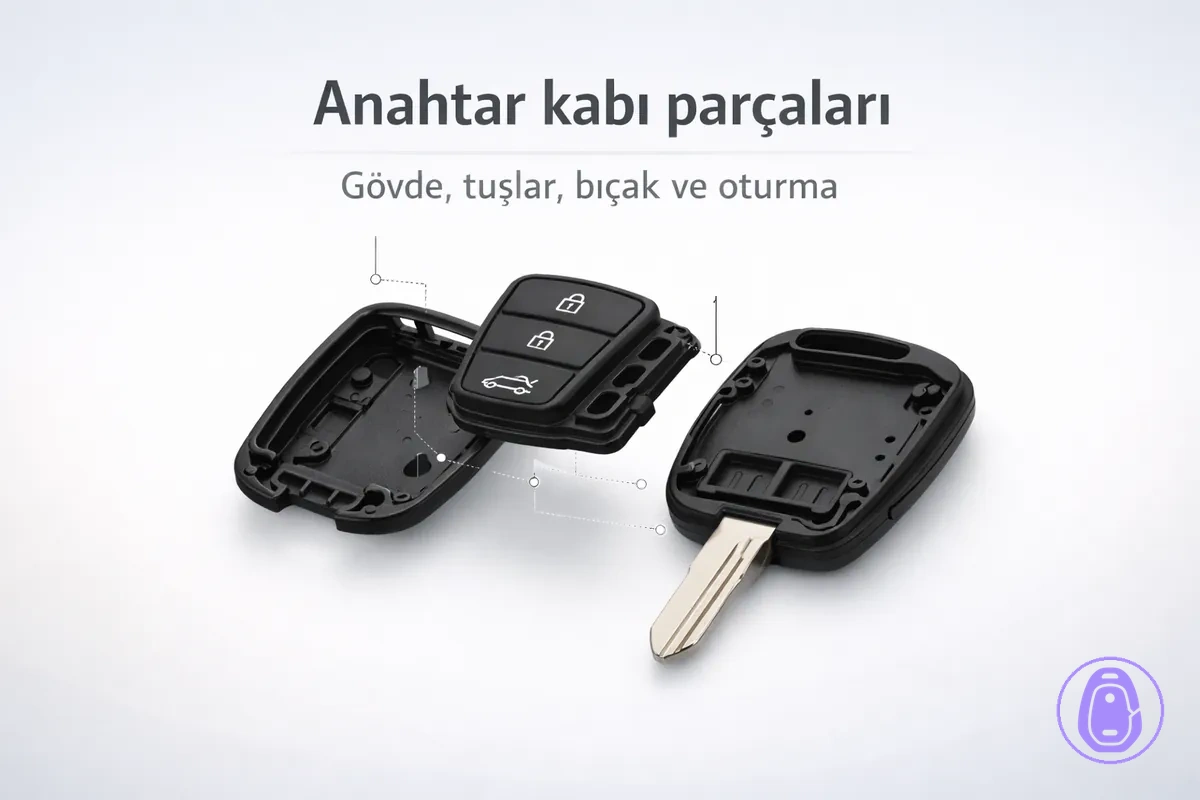 Gövde yarımları, tuş pedi bölgesi ve bıçak kısmı gibi araba anahtarı kabı parçalarını gösteren patlatılmış görünüm illüstrasyonu.