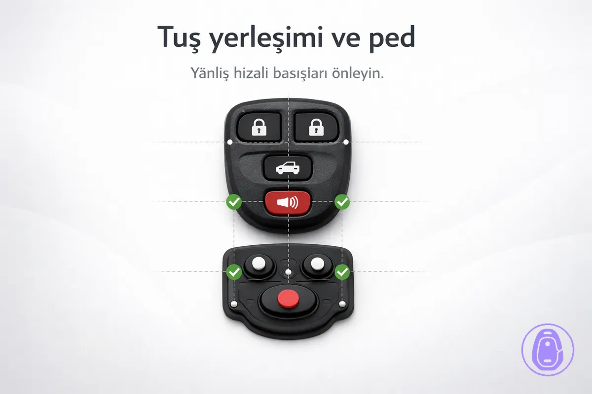 Üstten görünümde araba anahtarı kabı tuş yerleşimini ve alttaki uyumlu tuş pedini gösteren illüstrasyon.
