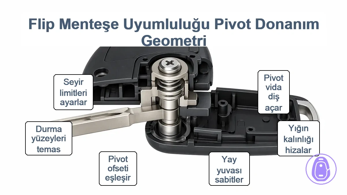 Doğru anahtar kabı işlevi için flip menteşelerde pivot donanımı ve menteşe geometrisi hizalamasını gösteren diyagram
