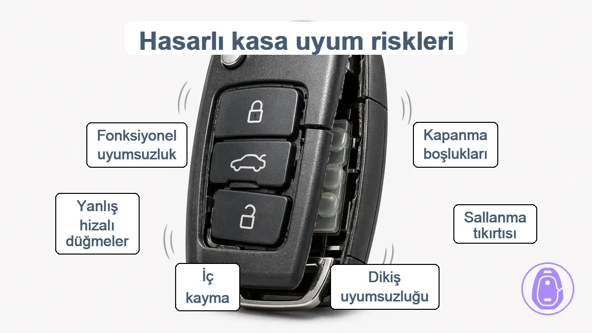 Hasarlı araba anahtarı kabı kasası boşluklar, sallanma ve dikiş uyumsuzluğu dahil uyum riskleri sergiliyor