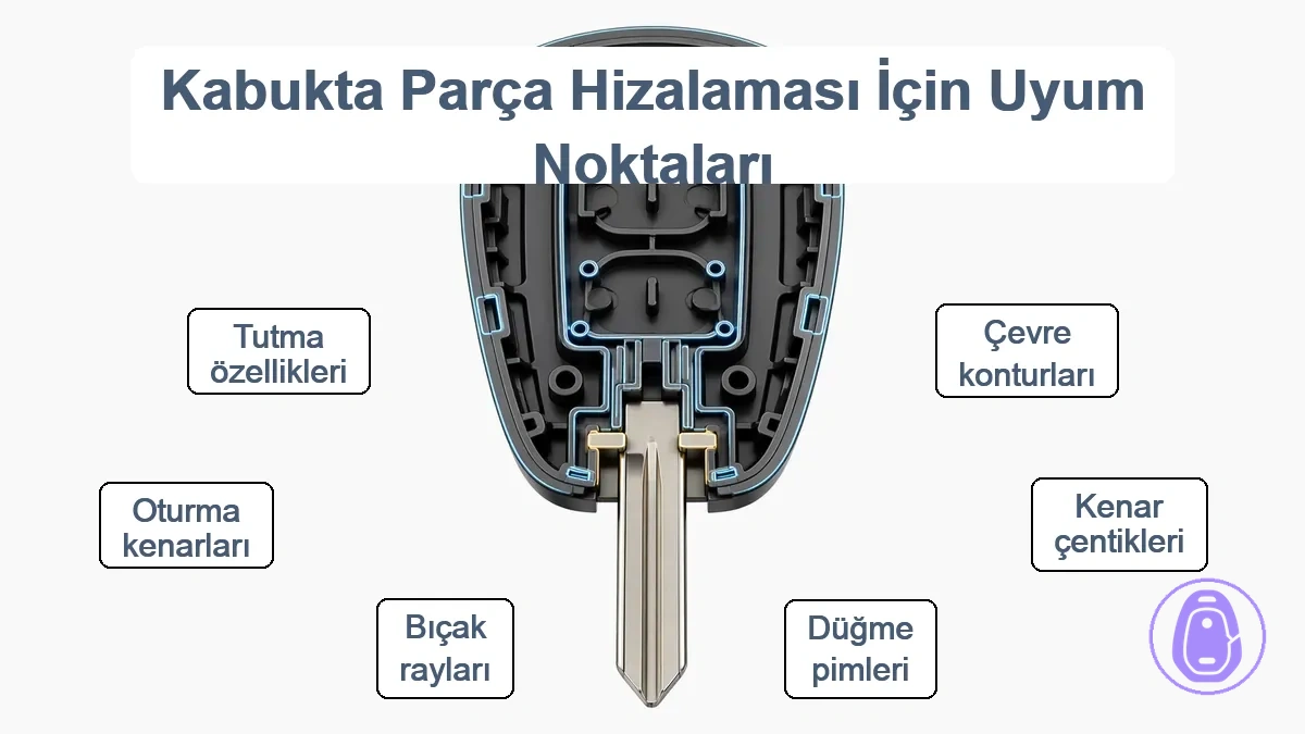 Araba anahtarı kabındaki oturma noktalarını gösteren etiketli diyagram: dış hat profili, tuş kayıt özellikleri ve bıçak bölgesi hizalama yüzeyleri