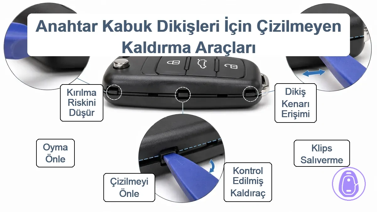 Araba anahtarı kabı dikişini güvenli açmak için kullanılan yüzey çizmeyen kaldıraç aletleri ve spudgerlar